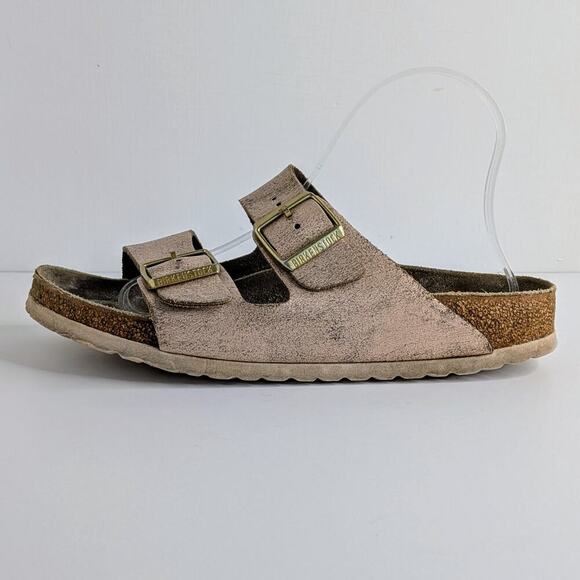 Birkenstock Sandals Arizona EU 40 Pink Gold Flat Slides Leather Open Toe Slip On - Picture 8 of 15